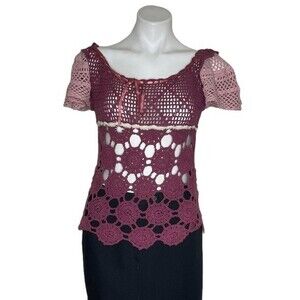 CROCHETED Lace Short Sleeve Top Mixed Stitch Burgundy Pink